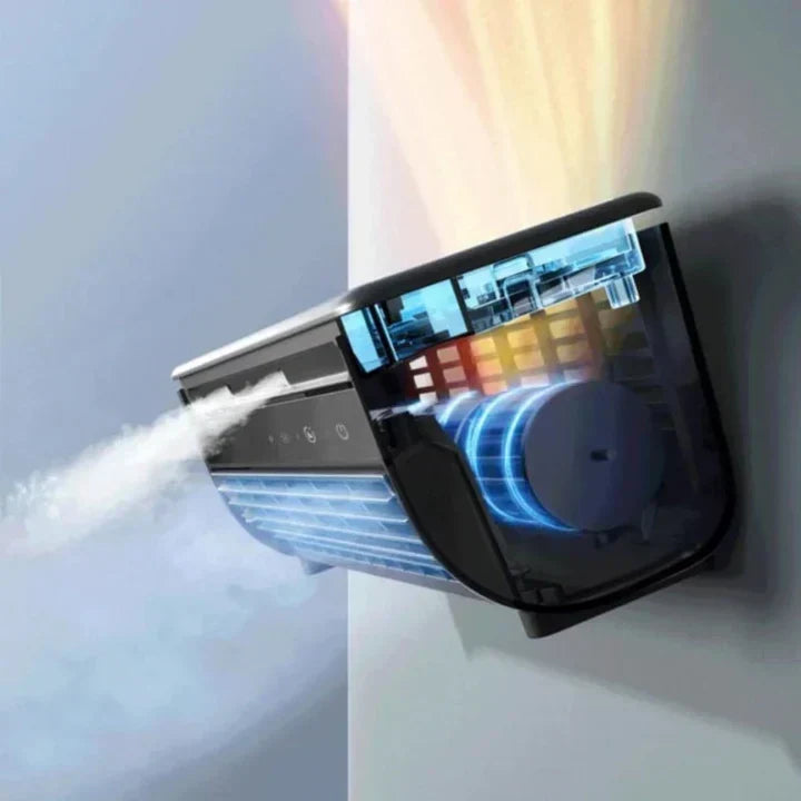 Portable air cooler showing internal motor and mist spray mechanism