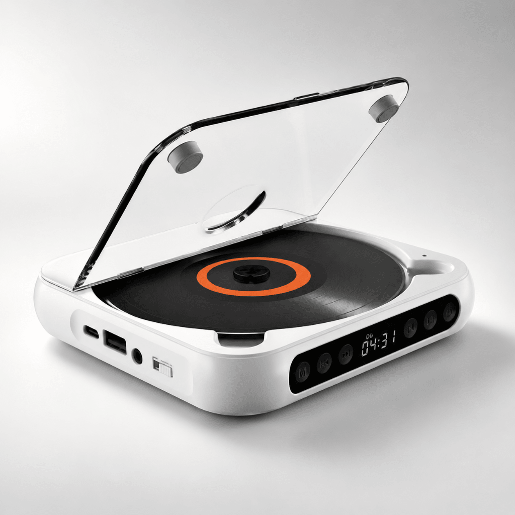 White portable Bluetooth CD player with open lid on white background