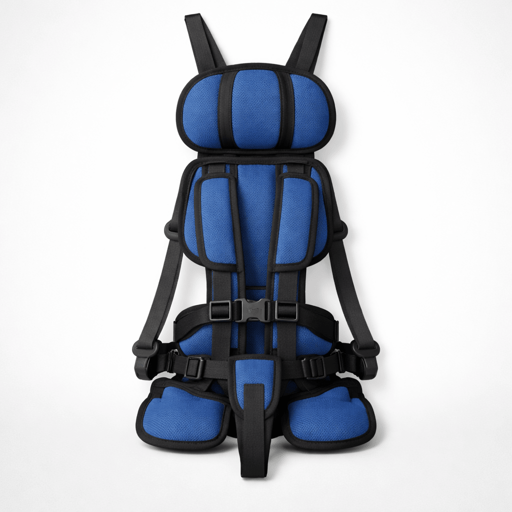 Blue portable child safety seat with 5-point harness shown against a white background