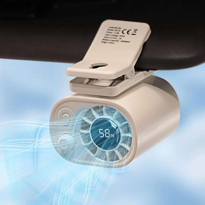 Khaki portable clip-on fan displaying battery percentage on LED screen