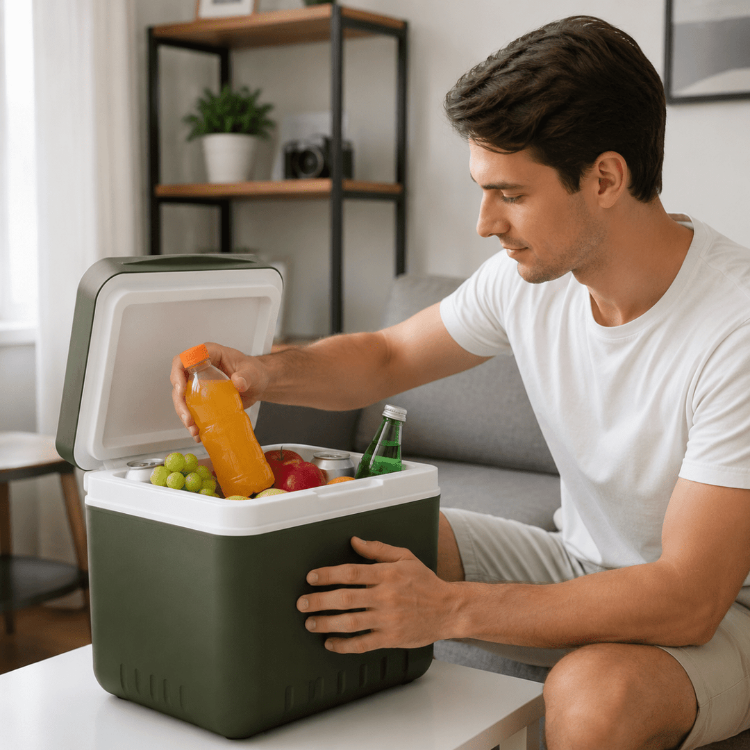 Portable thermal cooler box showing insulated interior for hot and cold meals