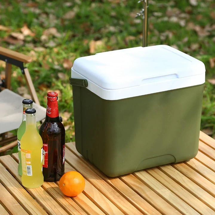 Travel cooler box for hot food preservation during outdoor picnics