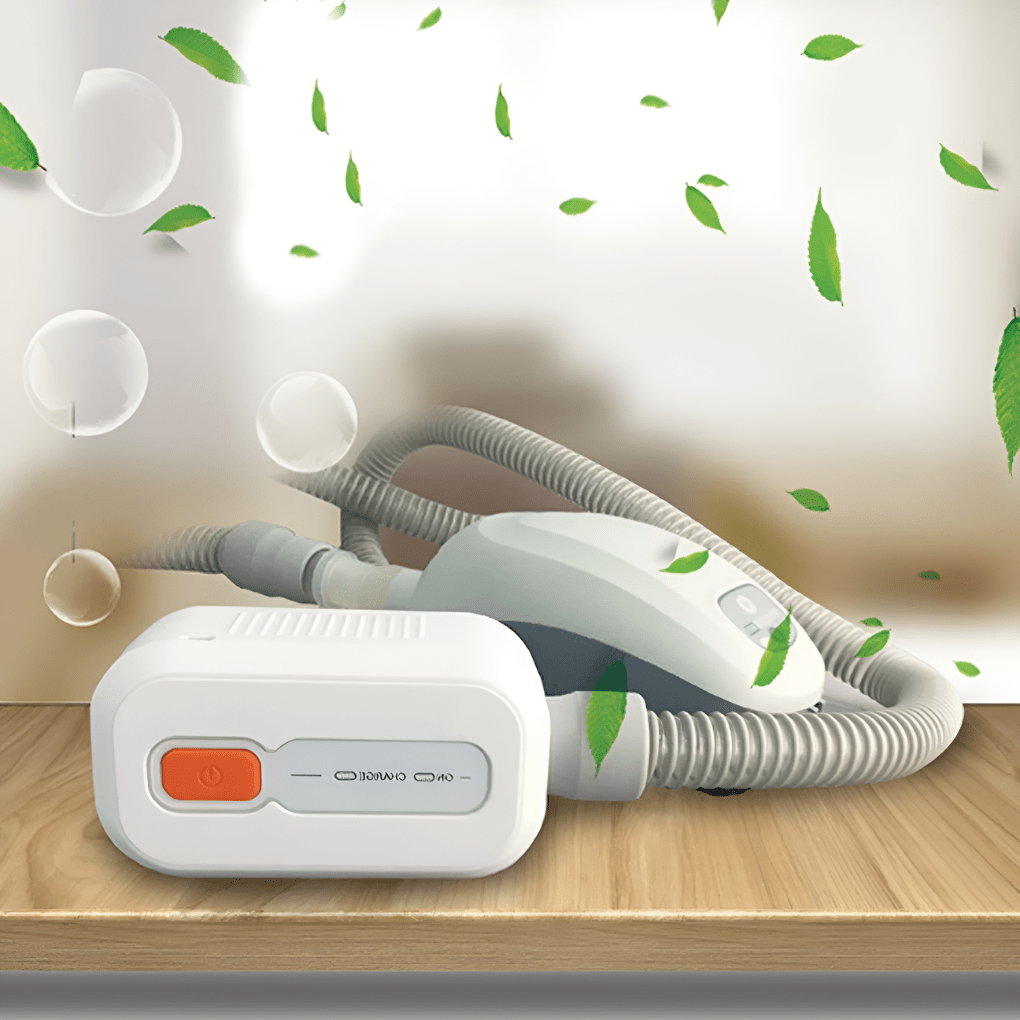 Portable CPAP cleaner connected to a breathing tube with decorative leaves and water bubbles
