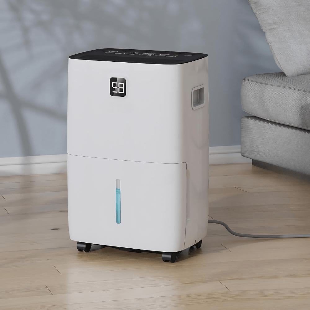 White portable dehumidifier with digital display in a modern living room