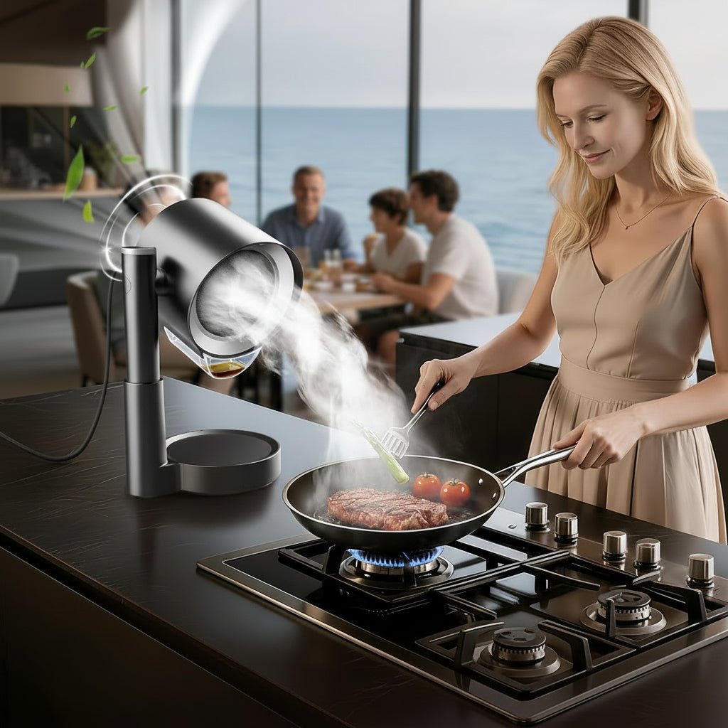 Woman cooking at a stovetop with a portable ductless range hood capturing steam