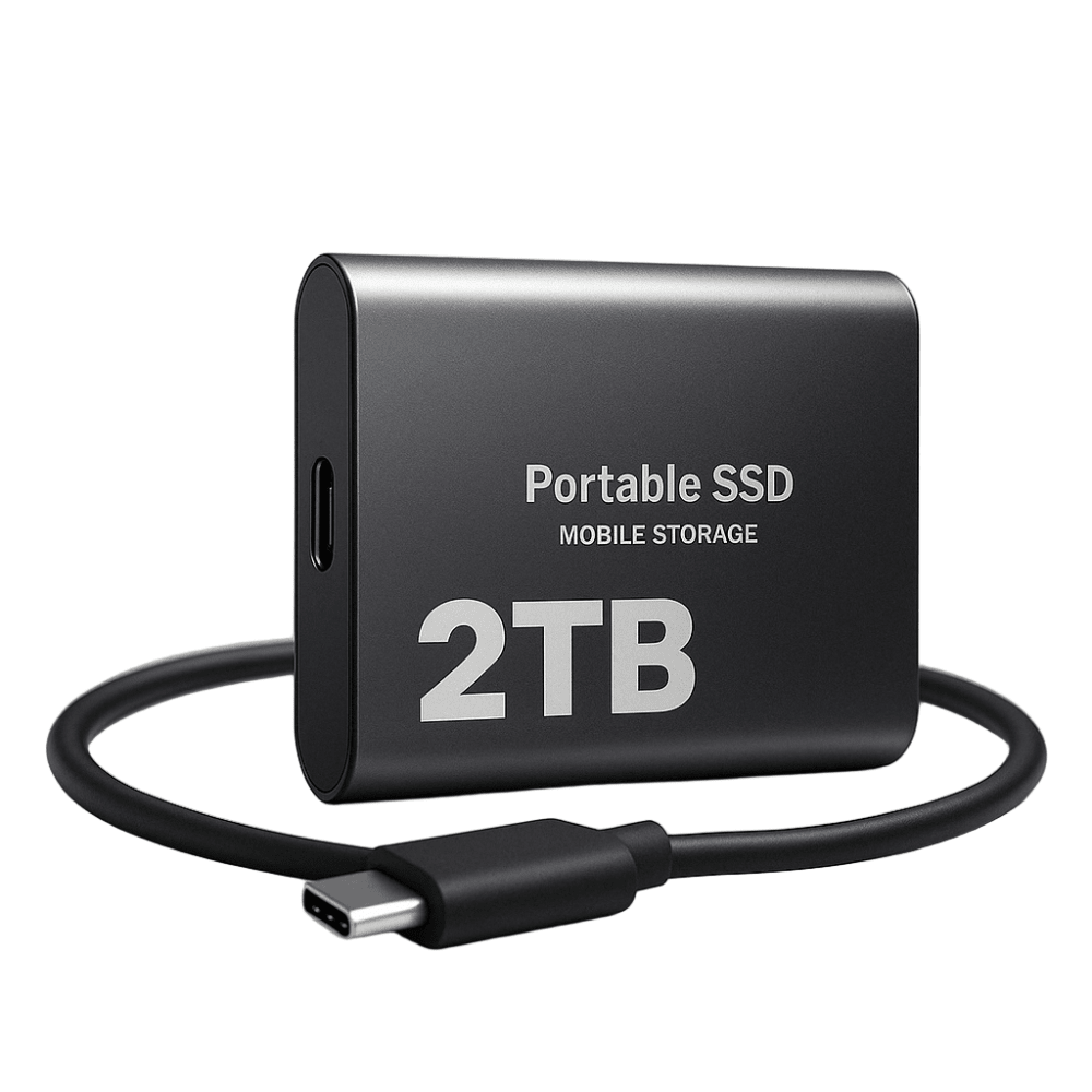 Black portable external SSD 2TB with USB C cable on a desk