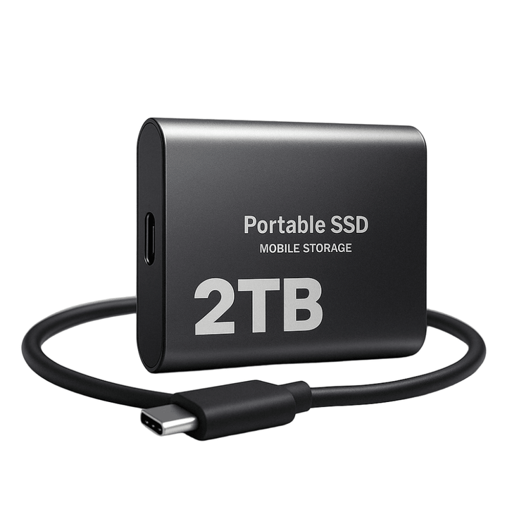 Black portable external SSD 2TB with USB C cable on a desk