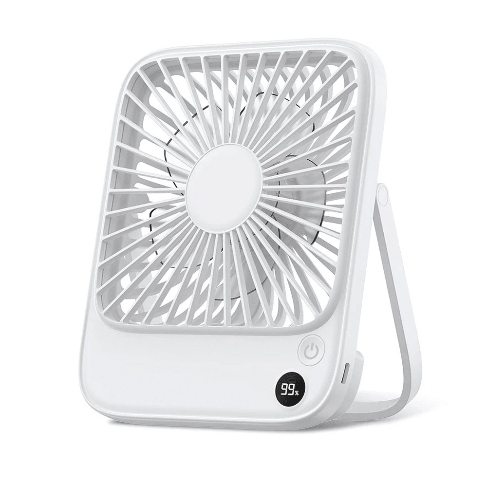 White portable rechargeable desk fan with compact folding stand