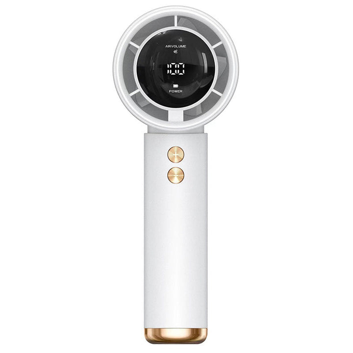White portable hand fan with digital LCD display and gold buttons