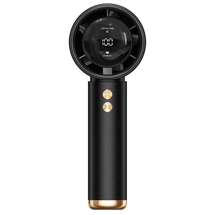 Black portable hand fan with digital screen and modern design