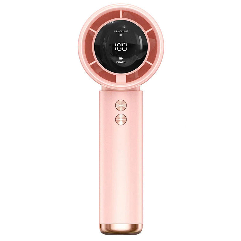 Pink portable hand fan with digital LCD display for summer cooling