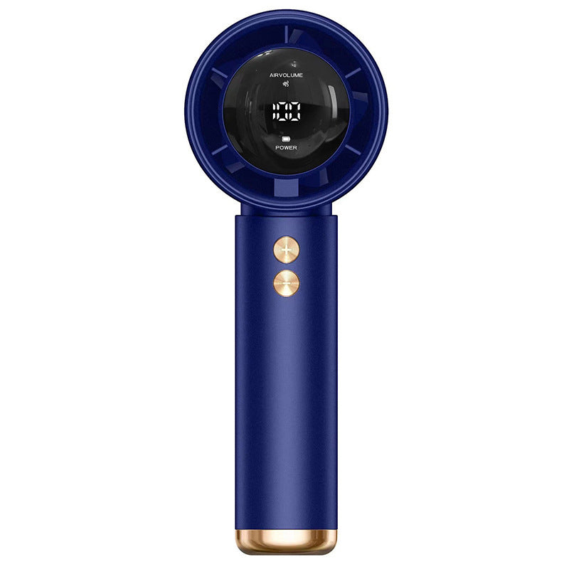 Portable hand fan showing digital LCD battery percentage display close up