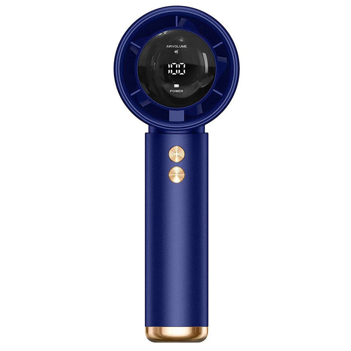 Portable hand fan showing digital LCD battery percentage display close up