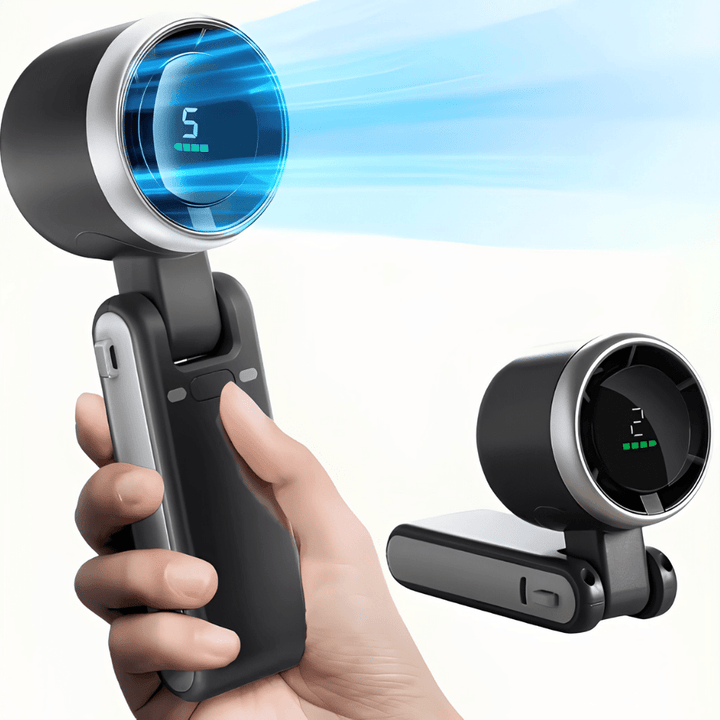 Black portable handheld fan showing digital LED display and airflow effect