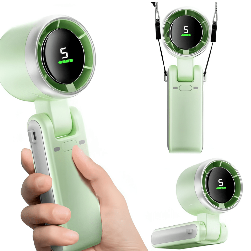 Green portable handheld fan highlighting multiple usage configurations