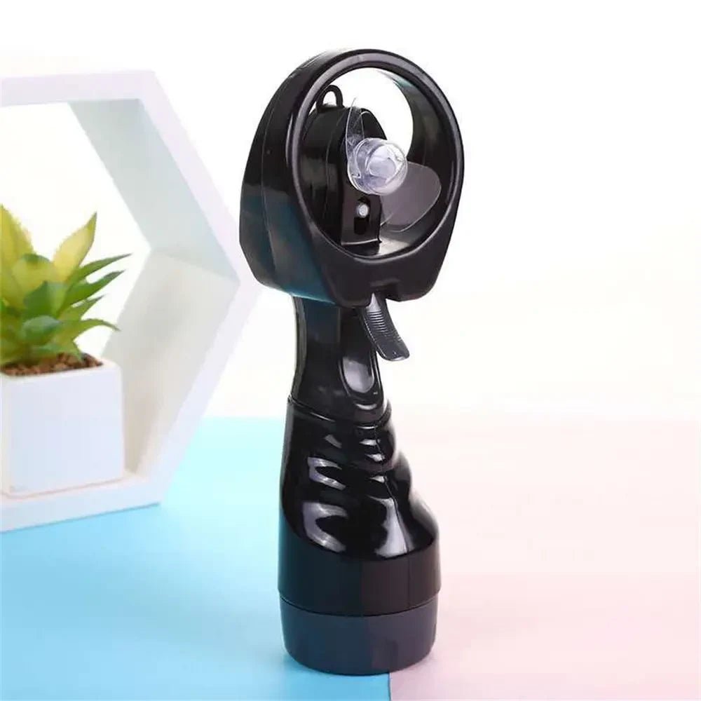 Black portable handheld misting fan with rechargeable battery and water spray nozzle