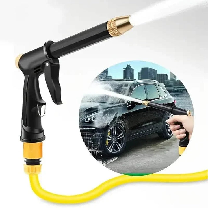 Portable high pressure water hose nozzle spray washing a black car