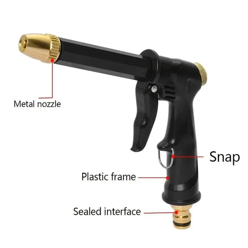Portable high pressure water hose nozzle spraying a strong jet for outdoor cleaning