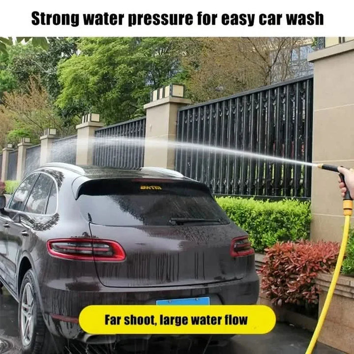 Heavy duty garden watering hose nozzle connected to standard outdoor water pipe