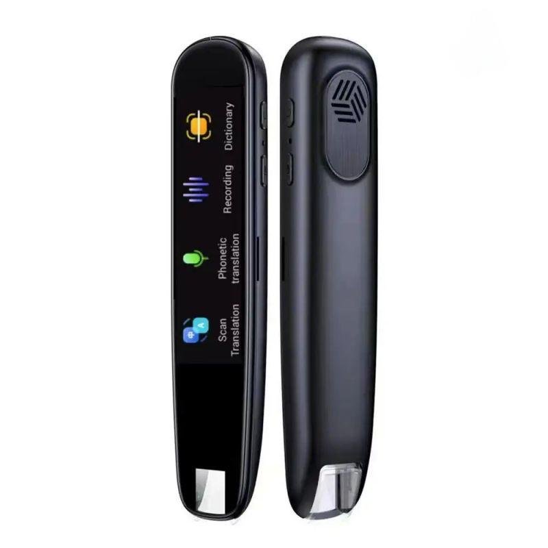 Black portable language translator pen showing screen menu and back view