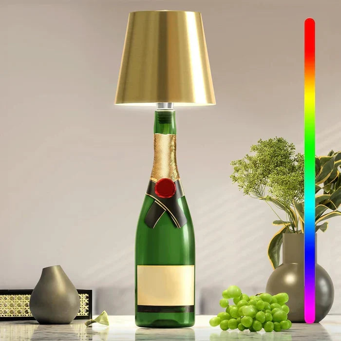 Portable LED bottle lamp used as ambient mood lighting in a bedroom