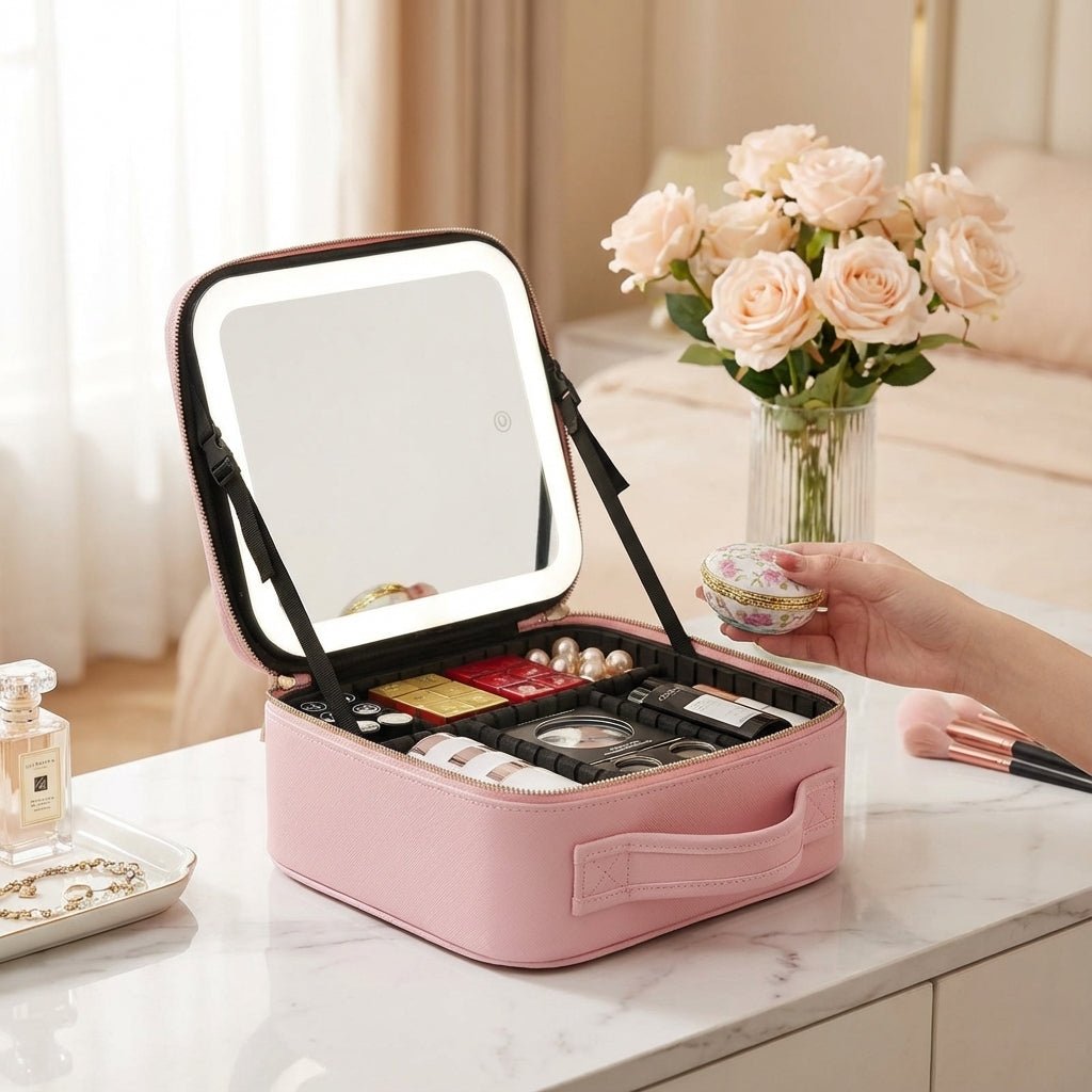 Pink travel makeup station with ring light mirror on a white table next to flowers
