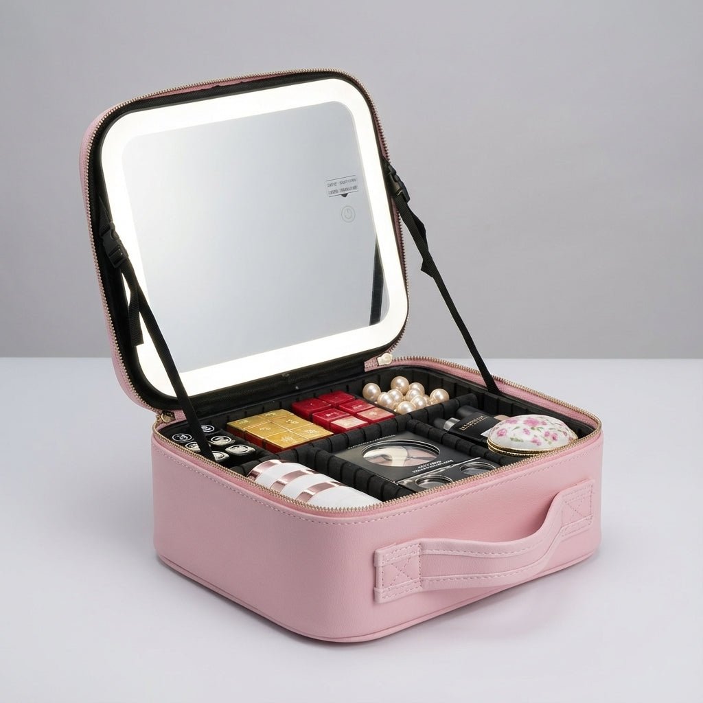Studio view of pink lighted makeup travel case with adjustable dividers