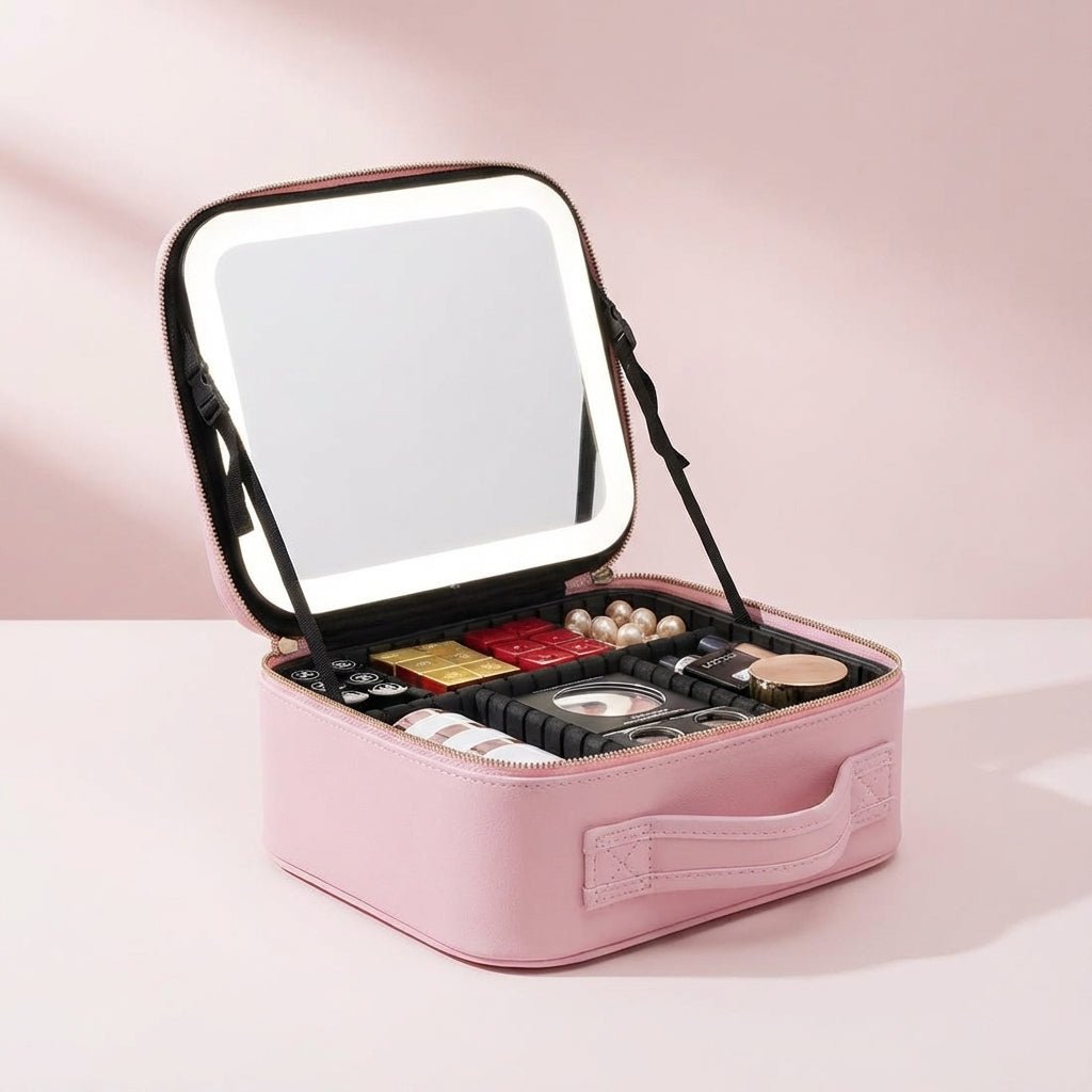 Open pink portable makeup case with lighted mirror and organized cosmetics inside