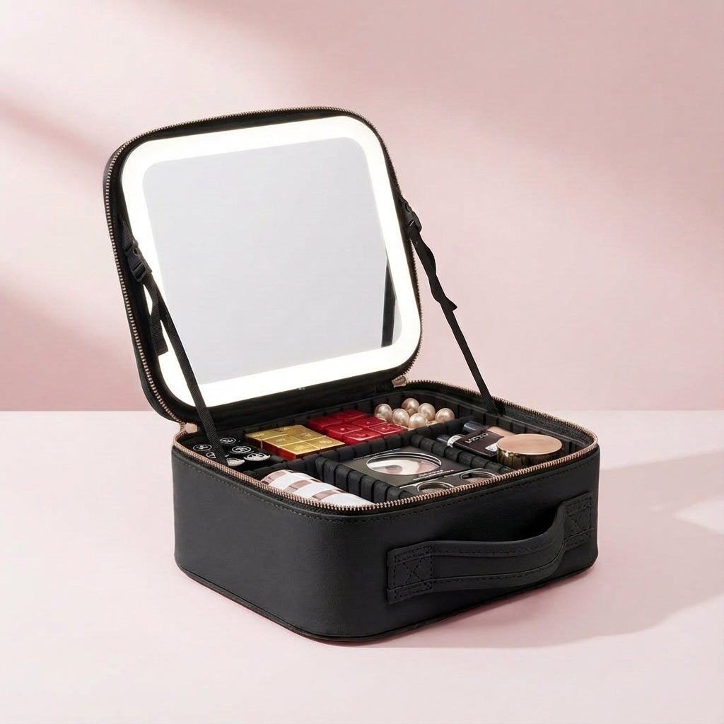 Cosmetic bag organizer featuring a built-in dimmable ring light mirror