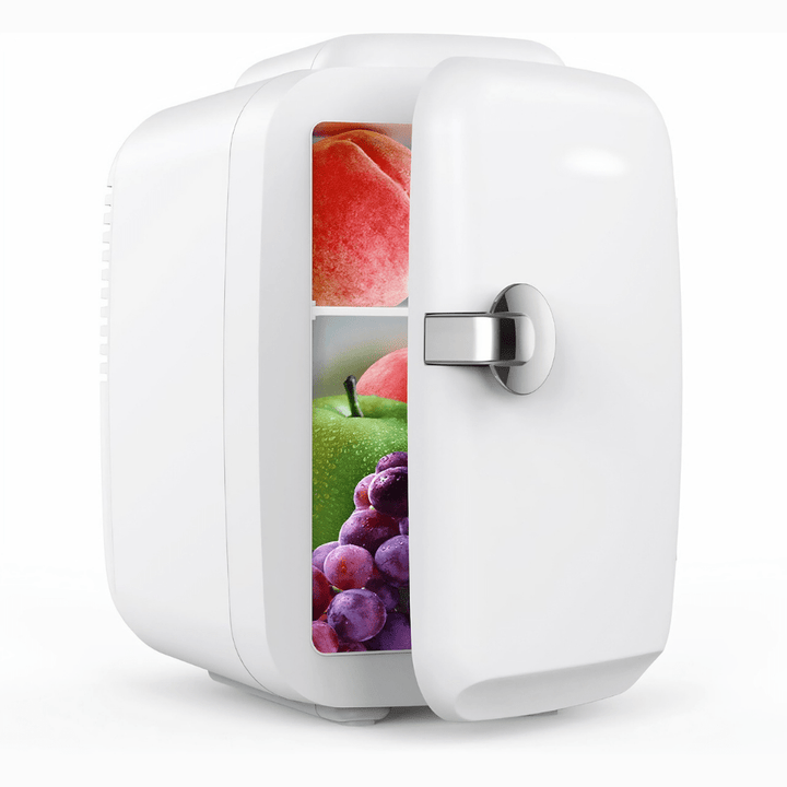White portable mini fridge with open door revealing fresh fruit inside