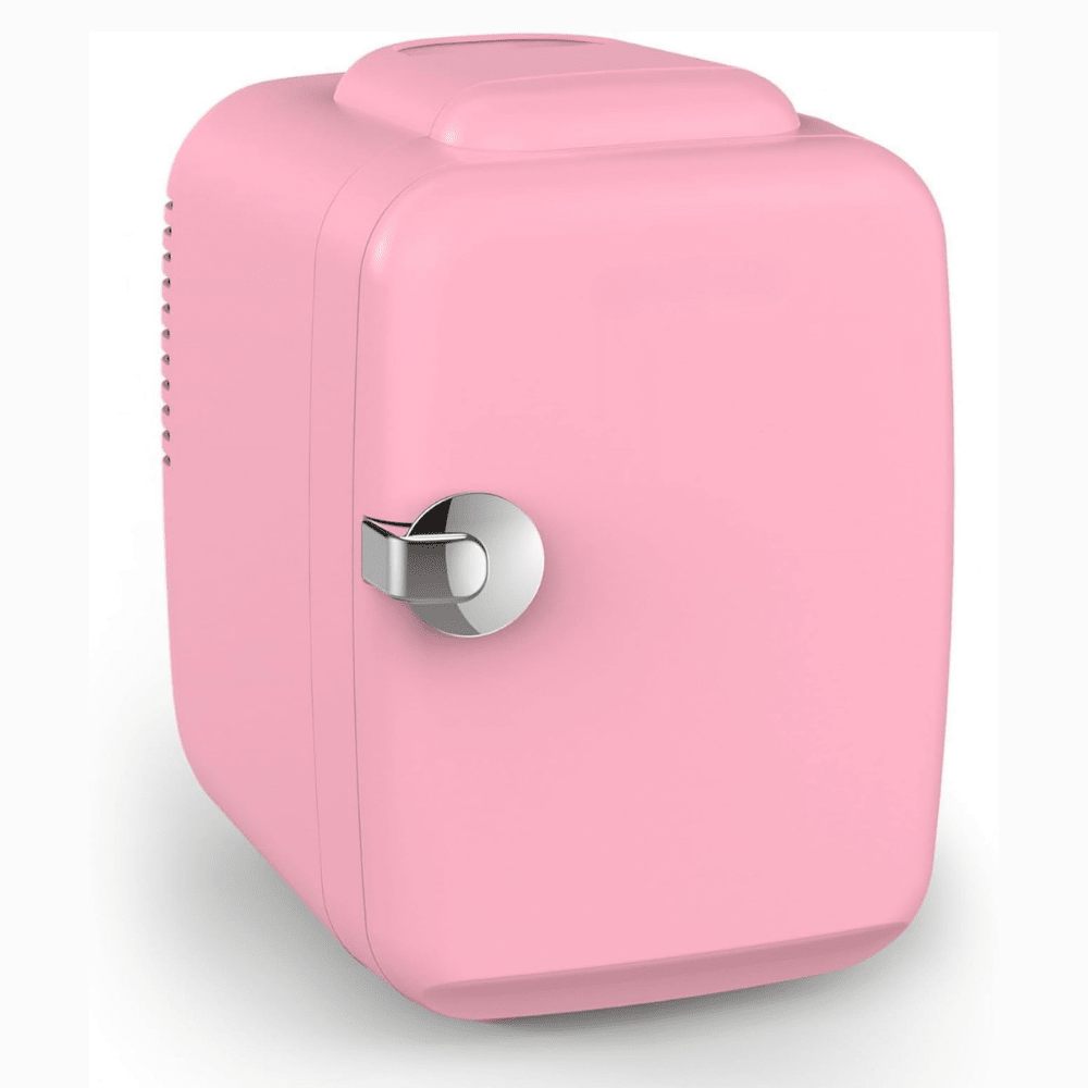 Pink portable mini fridge with closed door and chrome latch handle