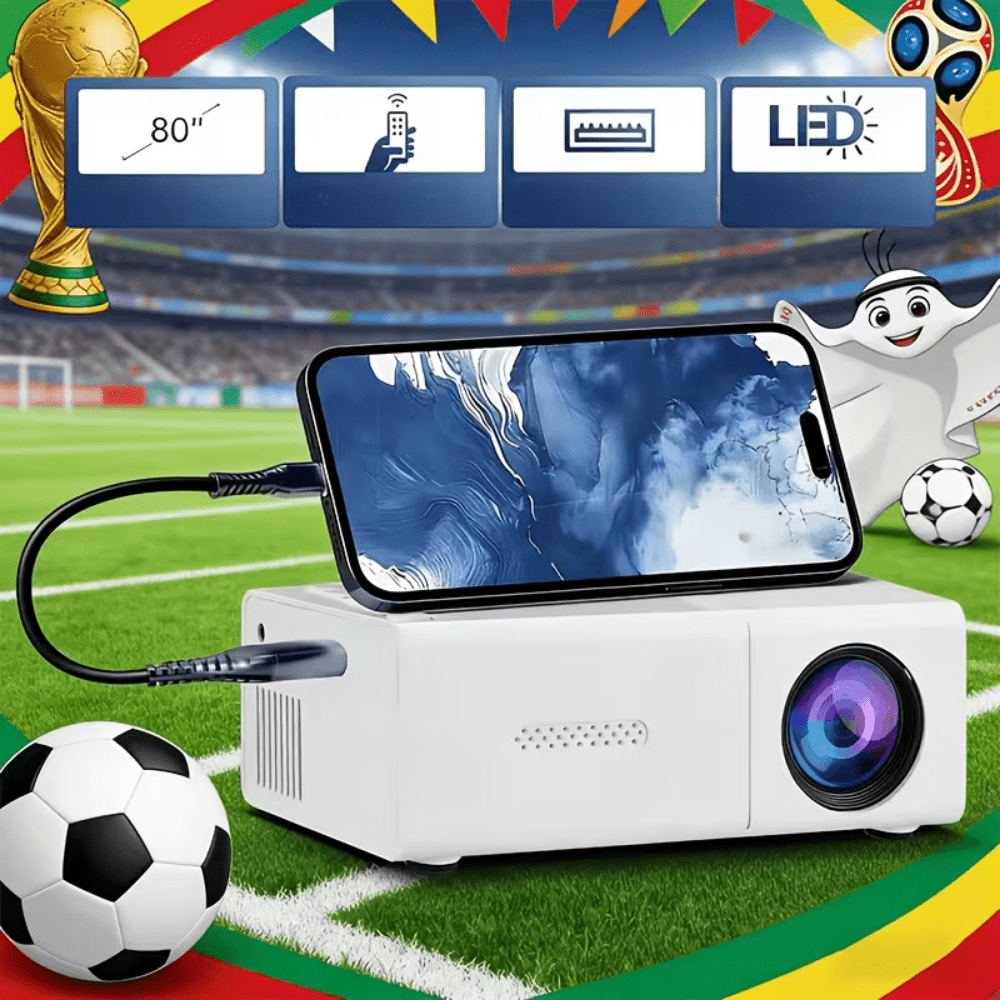White portable mini projector connected to a smartphone on a turf background