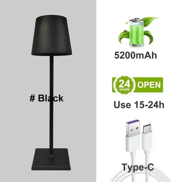 Black variant of the rechargeable desk lamp with USB charging cable infographic
