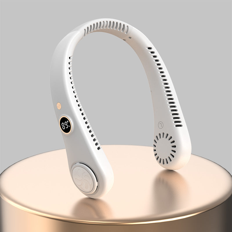 Unisex portable neck fan showing adjustable flexible band for personalized cooling