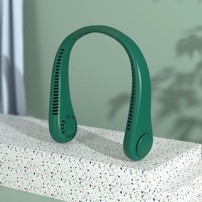 Side profile of portable neck fan highlighting lightweight ergonomic build