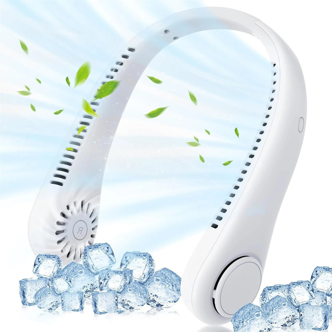 Portable white neck fan surrounded by ice cubes and cool breeze effect