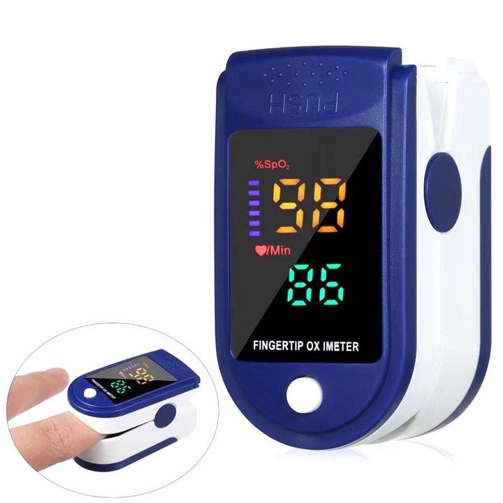 Blue fingertip pulse oximeter showing SpO2 and pulse readings on LED screen