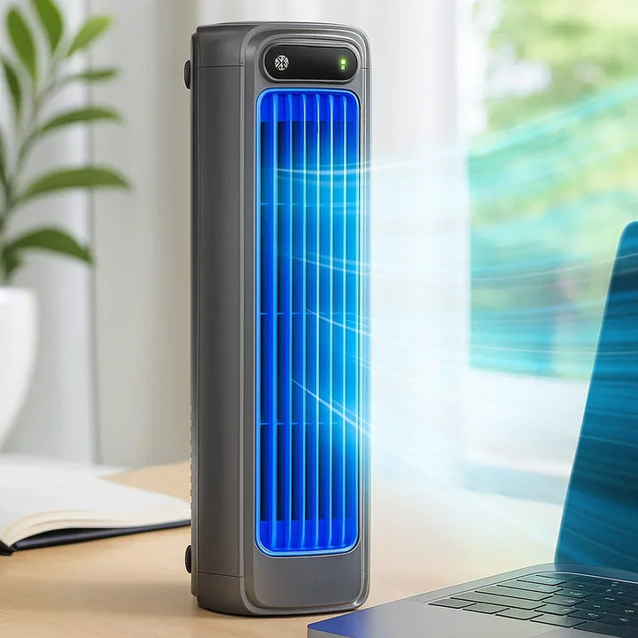 Gray portable rechargeable air cooler tower fan sitting on a desk next to a laptop