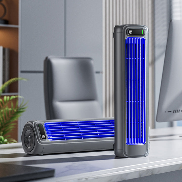 Rechargeable tower fan packed in a travel bag alongside its charging cable