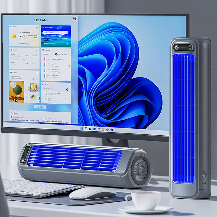 USB rechargeable cooling fan plugged into a power bank for outdoor portability