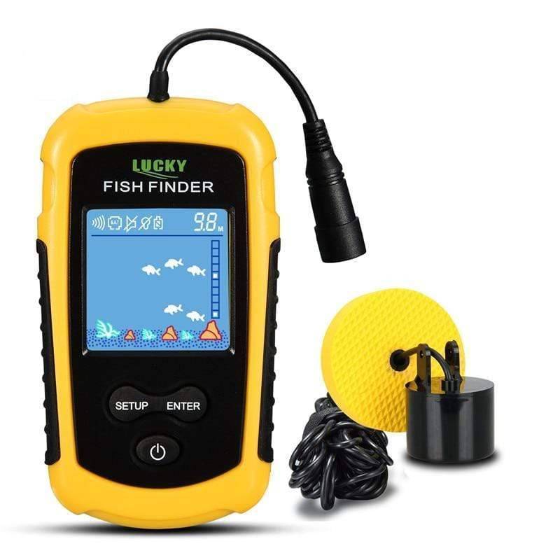 Portable sonar fish finder unit in yellow with transducer sensor and cable