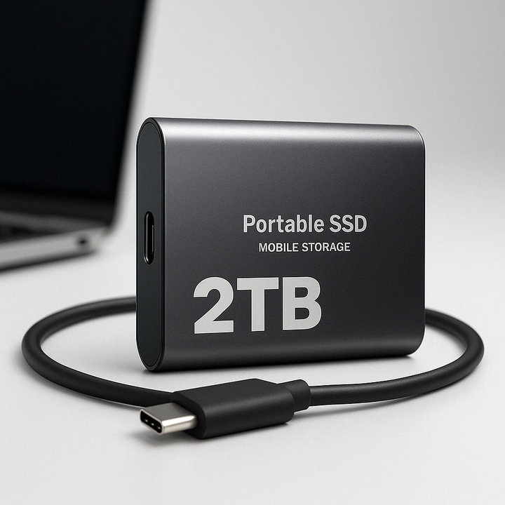 Black 2TB portable external SSD with USB-C cable on a white desk