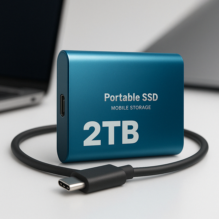 Blue 2TB portable external SSD with USB-C cable next to a laptop