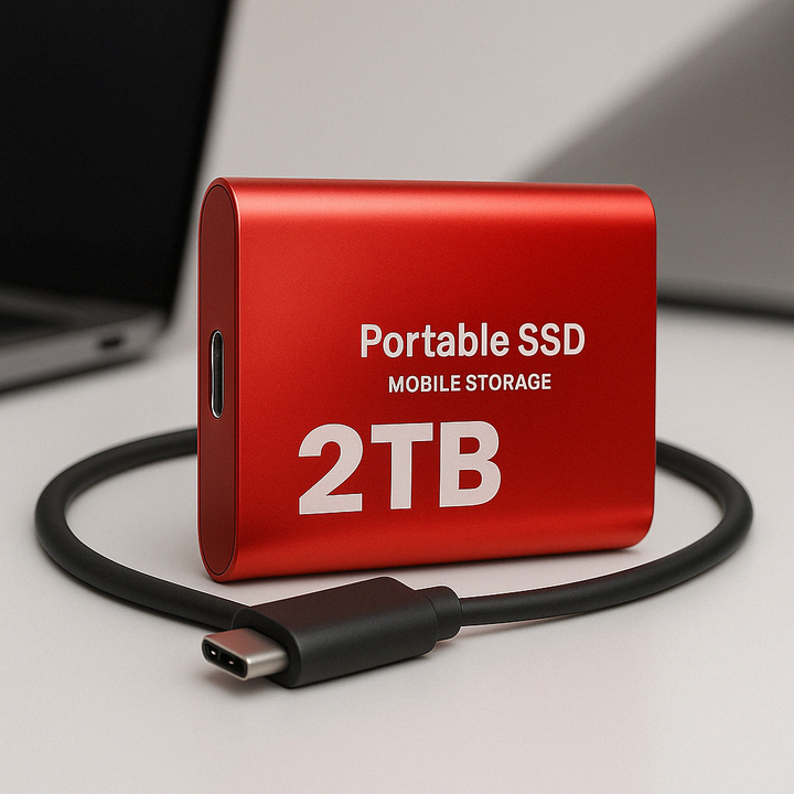 Red 2TB portable external SSD with USB-C cable in a sleek workspace setup