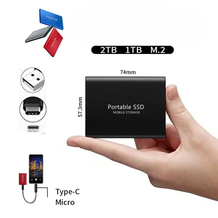 Portable high-speed external SSD 2TB connected to a laptop for fast data transfer