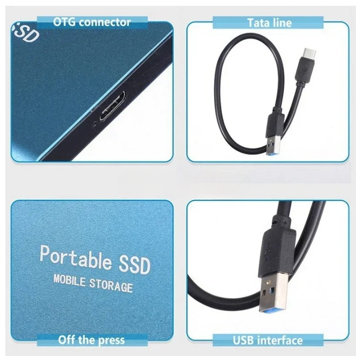 Computer accessories layout featuring 2TB portable SSD on a clean wooden desk
