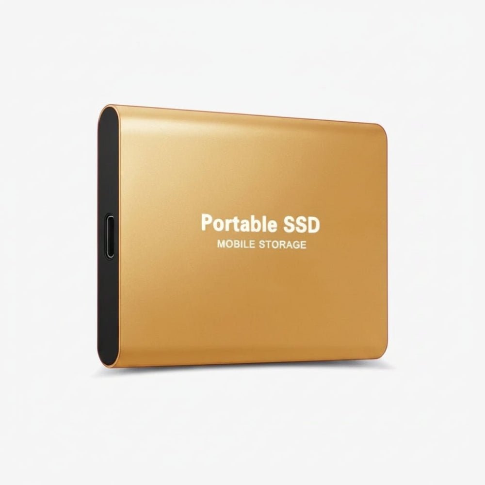 Sleek gold portable external SSD drive with mobile storage branding