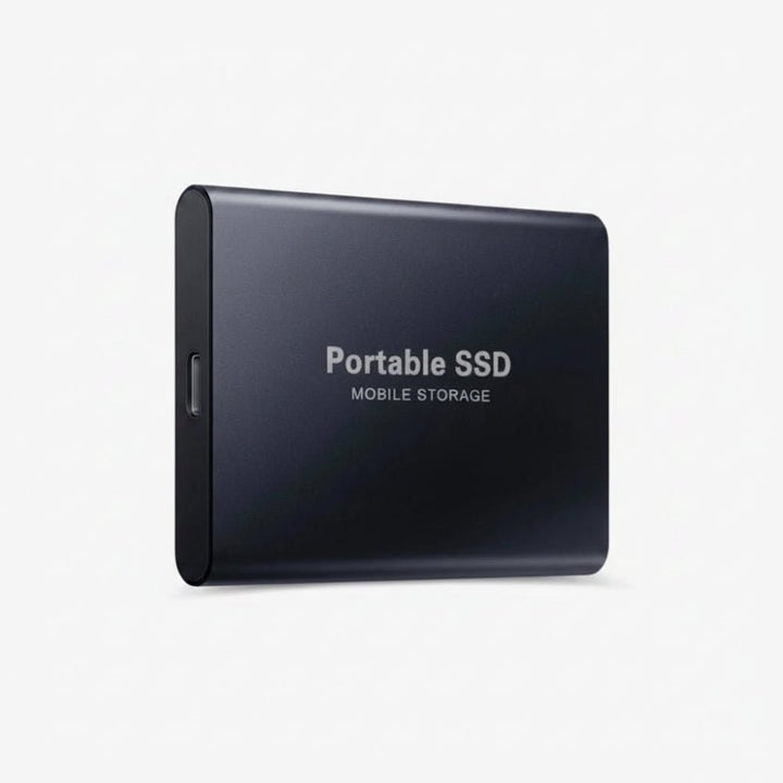 Compact black portable external SSD drive showing USB-C port