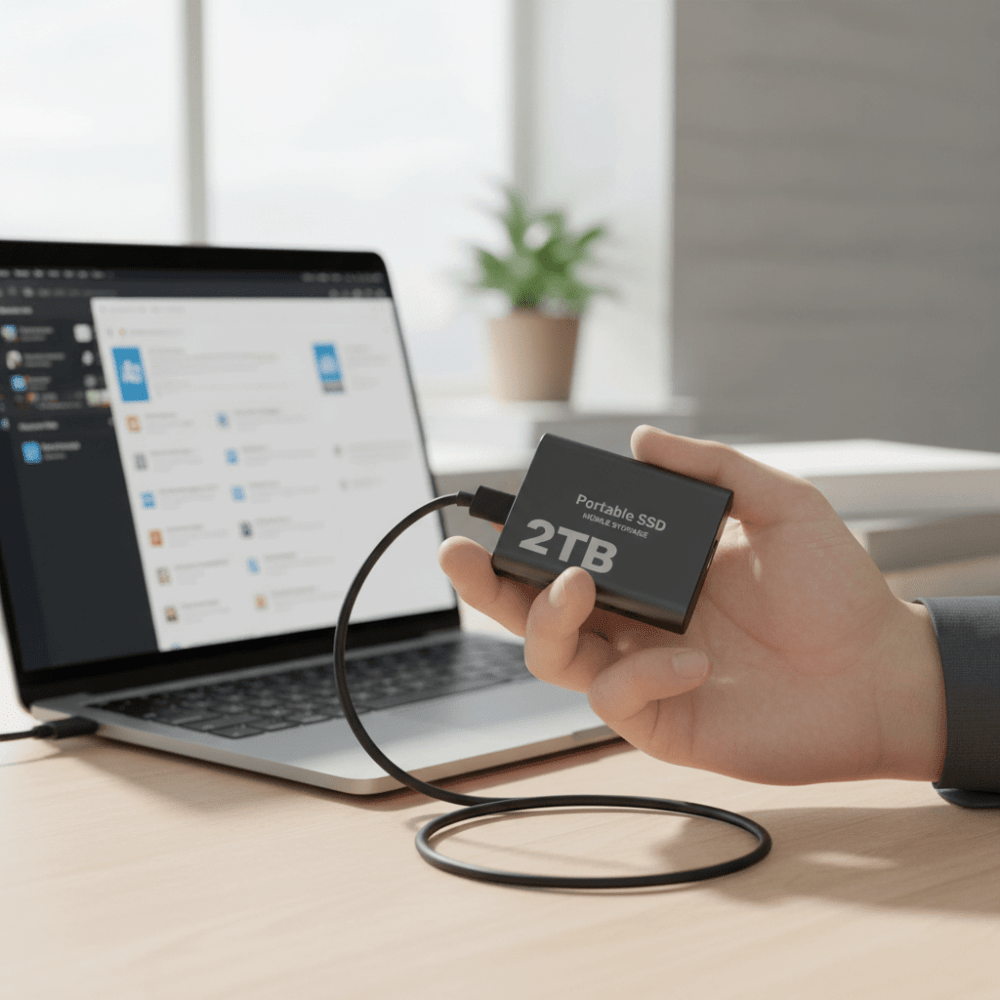 Hand holding black 2TB portable SSD connected to a laptop via USB-C cable