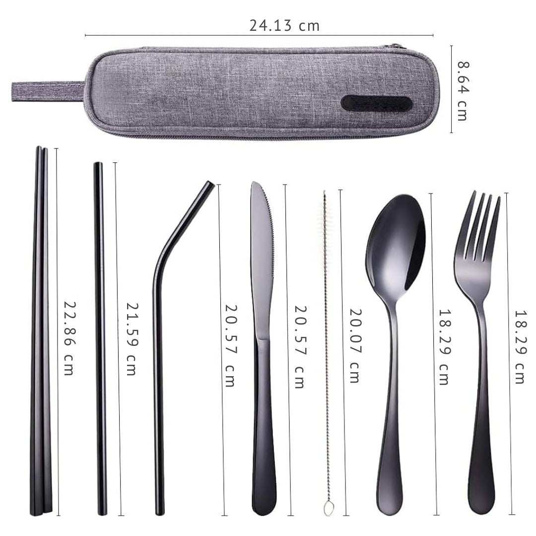 Complete portable stainless steel cutlery set overview layout